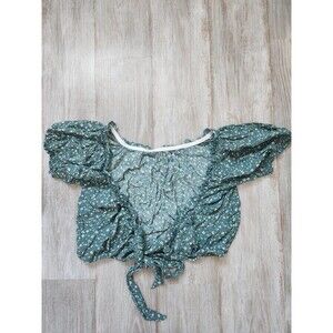 American Eagle Tie Front Crop Blouse Green Floral Puff Short Sleeve V Neck Sz M